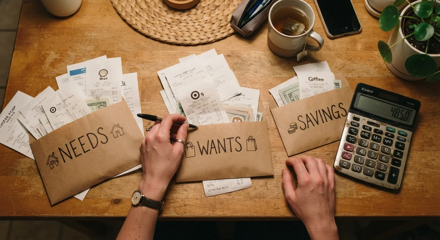 Three labeled envelope folders for needs, wants, and savings arranged on a kitchen table with receipts