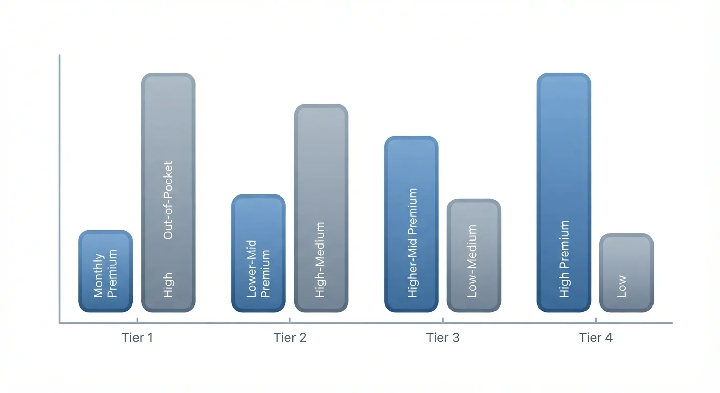 Bar chart illustration showing how premiums rise and out-of-pocket costs fall across ACA metal tiers