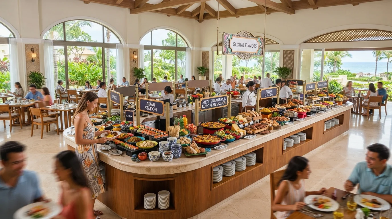 A large resort buffet with multiple food stations and international cuisine options