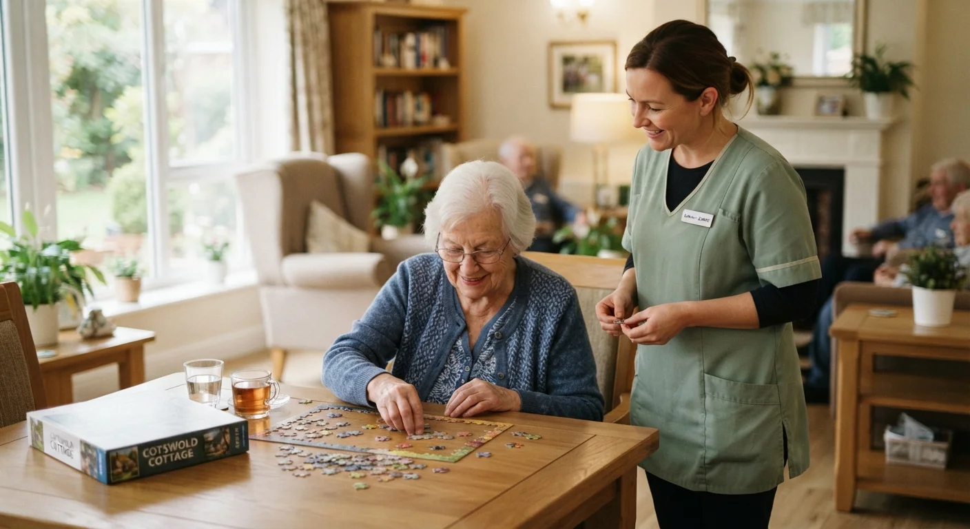 An older adult in a common room with a caregiver nearby in a warm, residential care setting.