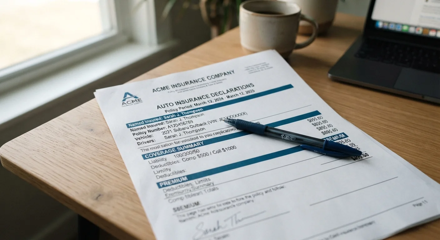 Auto insurance declarations page with a pen resting on top, showing coverage types and limits