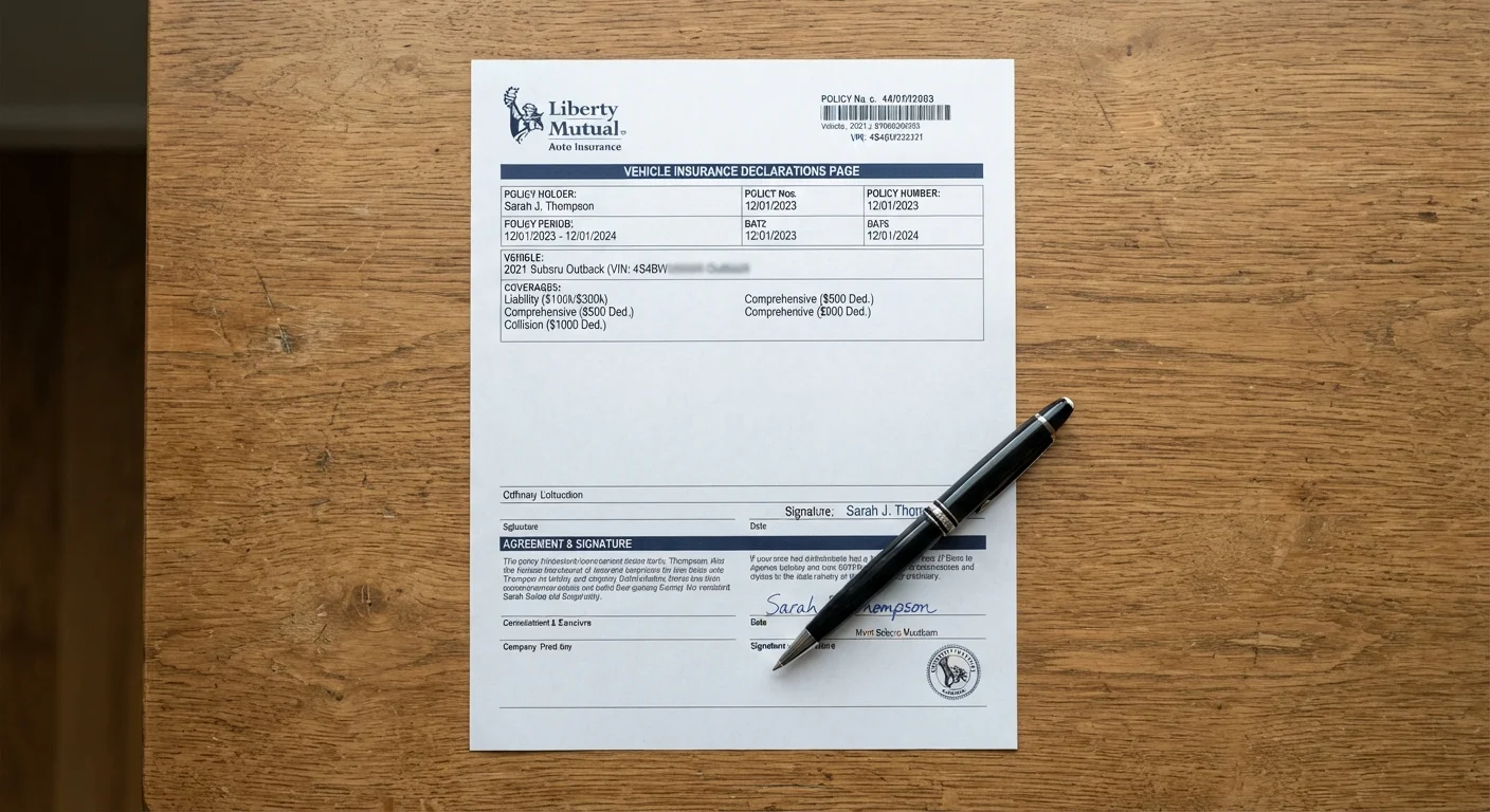 Auto insurance policy documents with a pen placed on top, viewed from above on a wooden desk
