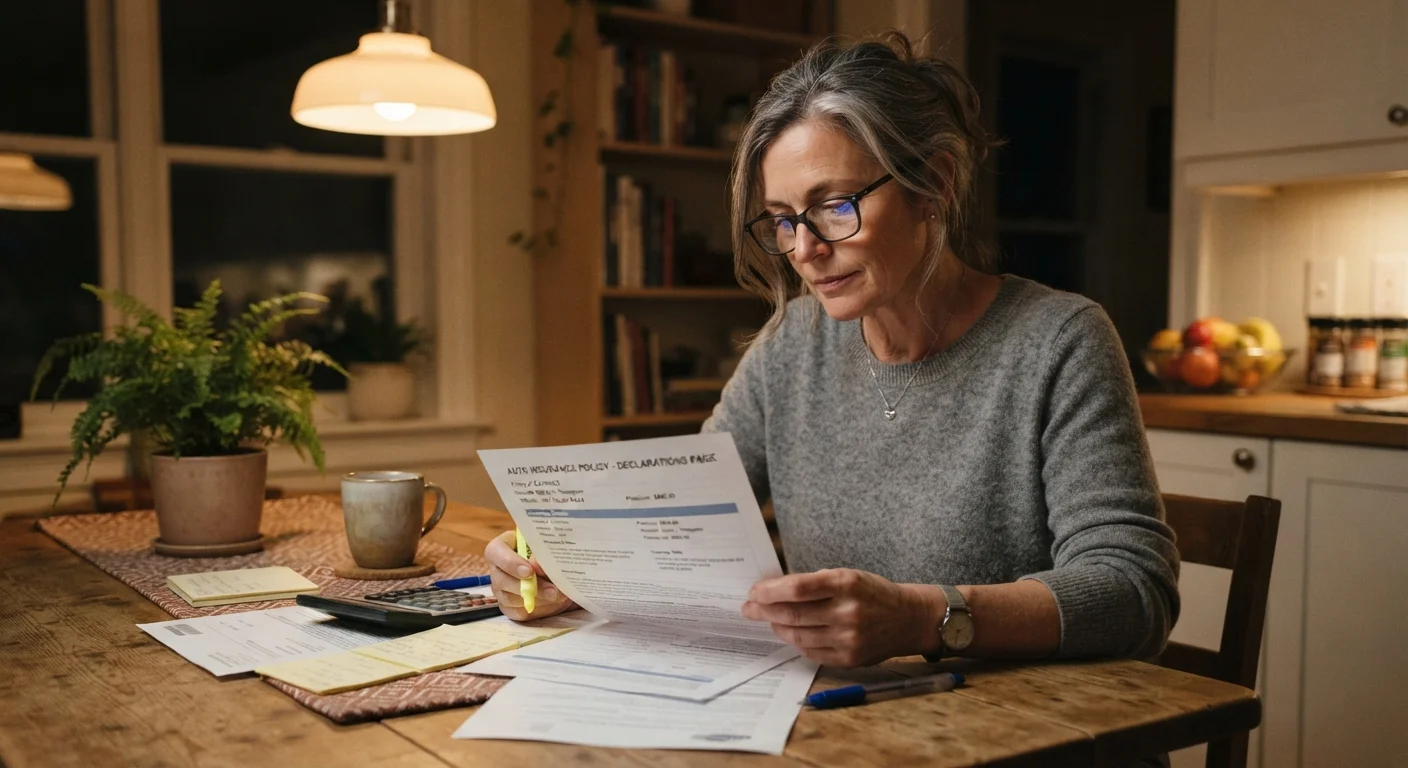 A person carefully reading an auto insurance policy document at a kitchen table