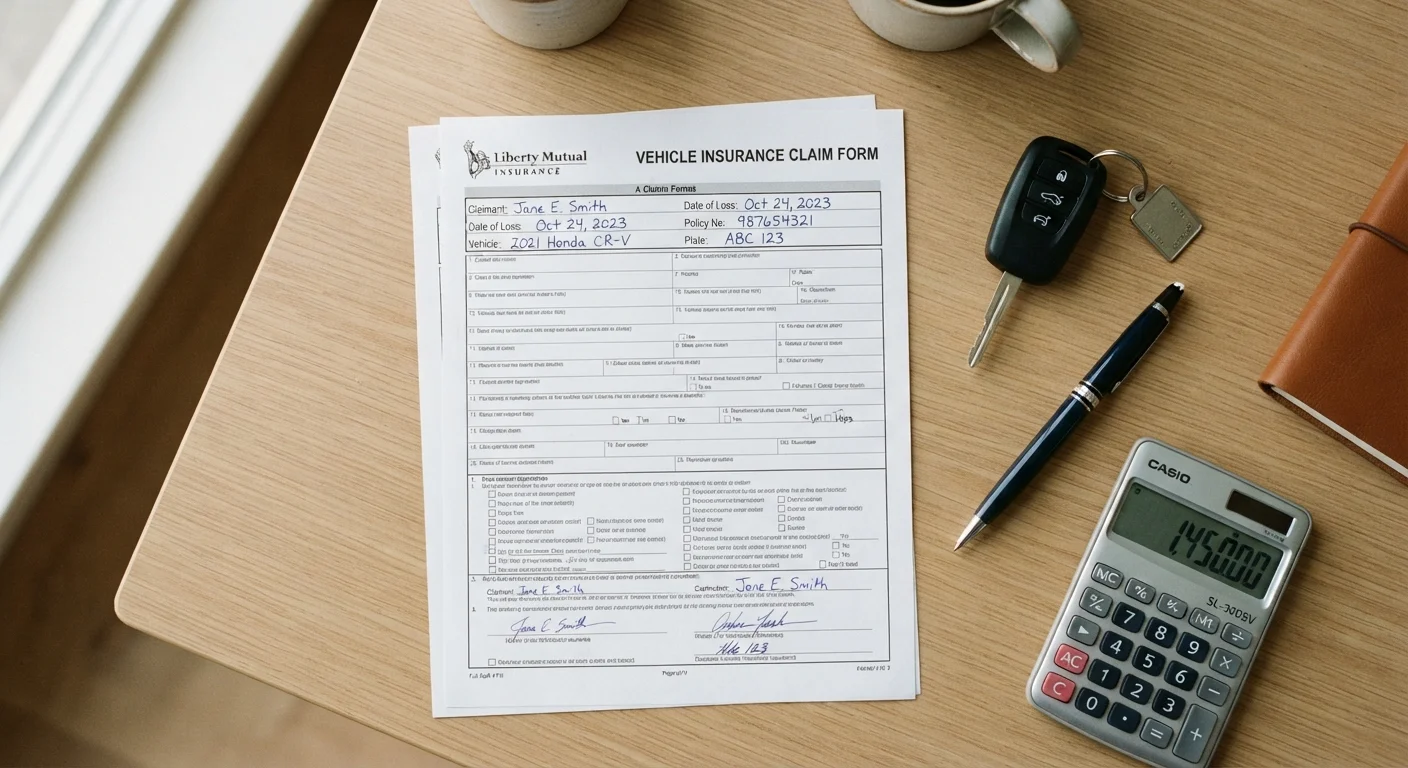 Insurance claim form with a car key, pen, and calculator on a wooden desk
