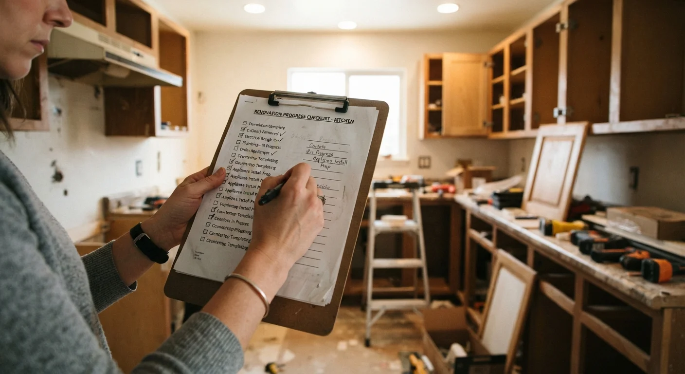 Homeowner reviewing a printed checklist on a clipboard in a kitchen being prepared for renovation