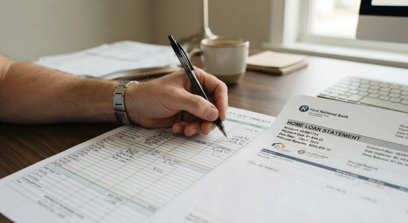 Hand writing financial calculations on a worksheet next to a mortgage statement document