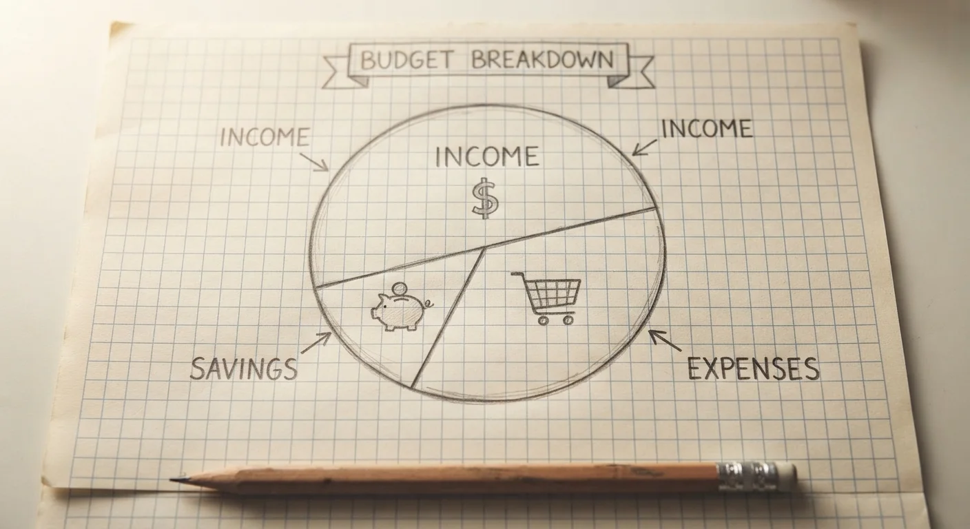 Hand-drawn pie chart on graph paper showing income, expenses, and savings sections of a budget