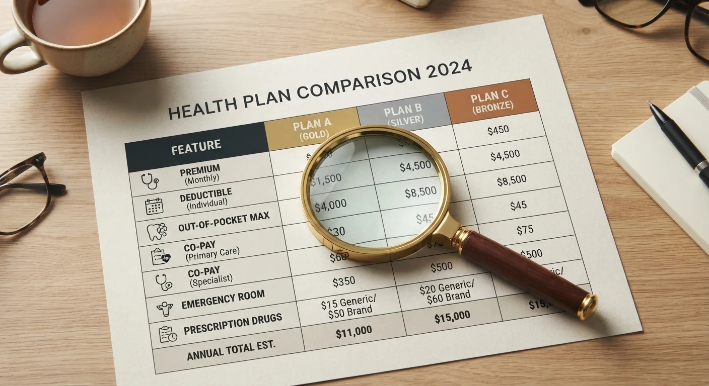 A printed side-by-side health plan comparison chart with a magnifying glass on top