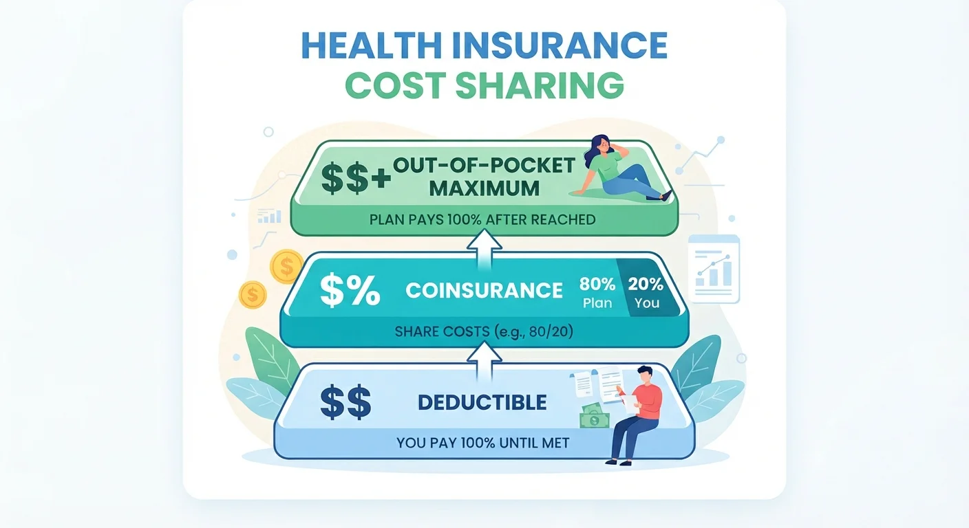 Diagram showing the three layers of health insurance cost-sharing: deductible, coinsurance zone, and out-of-pocket maximum cap