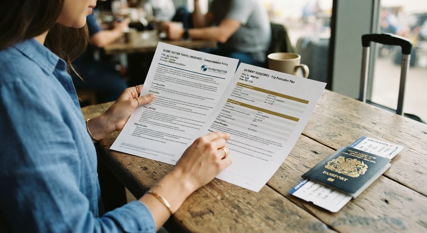 Traveler comparing two travel insurance policy documents on a table with a passport nearby.