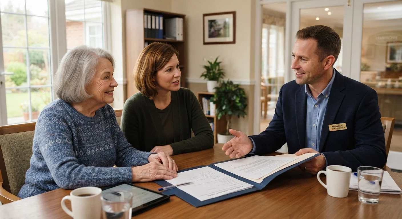 Family member and senior reviewing care facility documents with a staff coordinator at a table