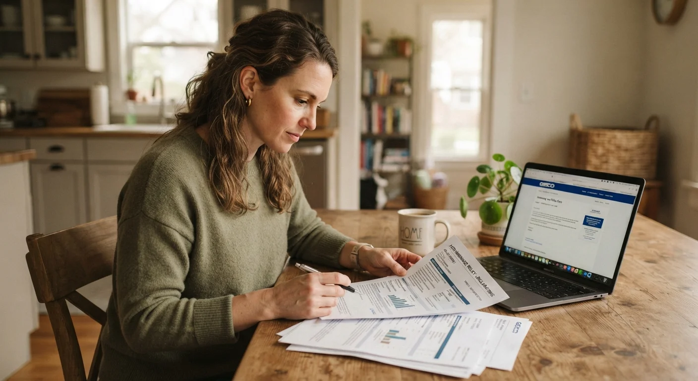Person reviewing auto insurance policy documents at home with a laptop open beside them