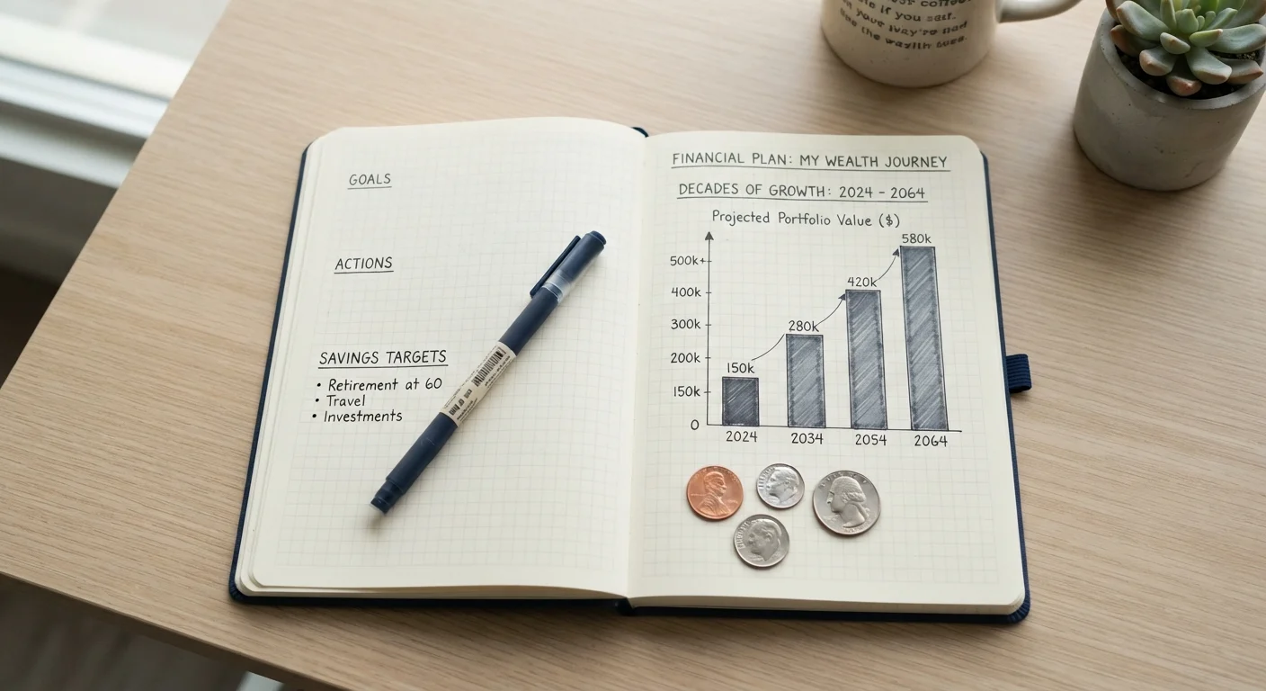 Open notebook with decade-based financial planning notes, bar graph sketch, and coins on a desk