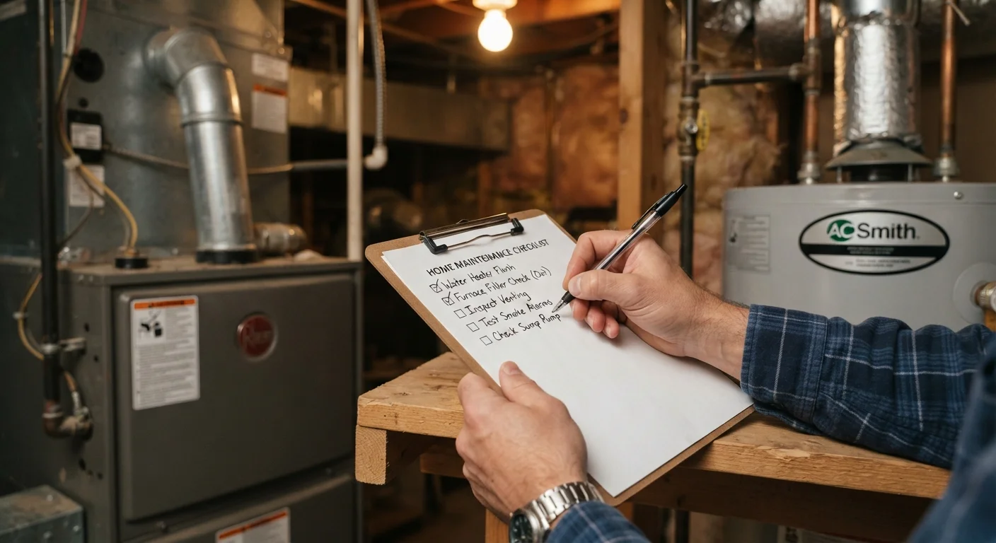 Homeowner writing a seasonal maintenance checklist in a home utility room near a furnace