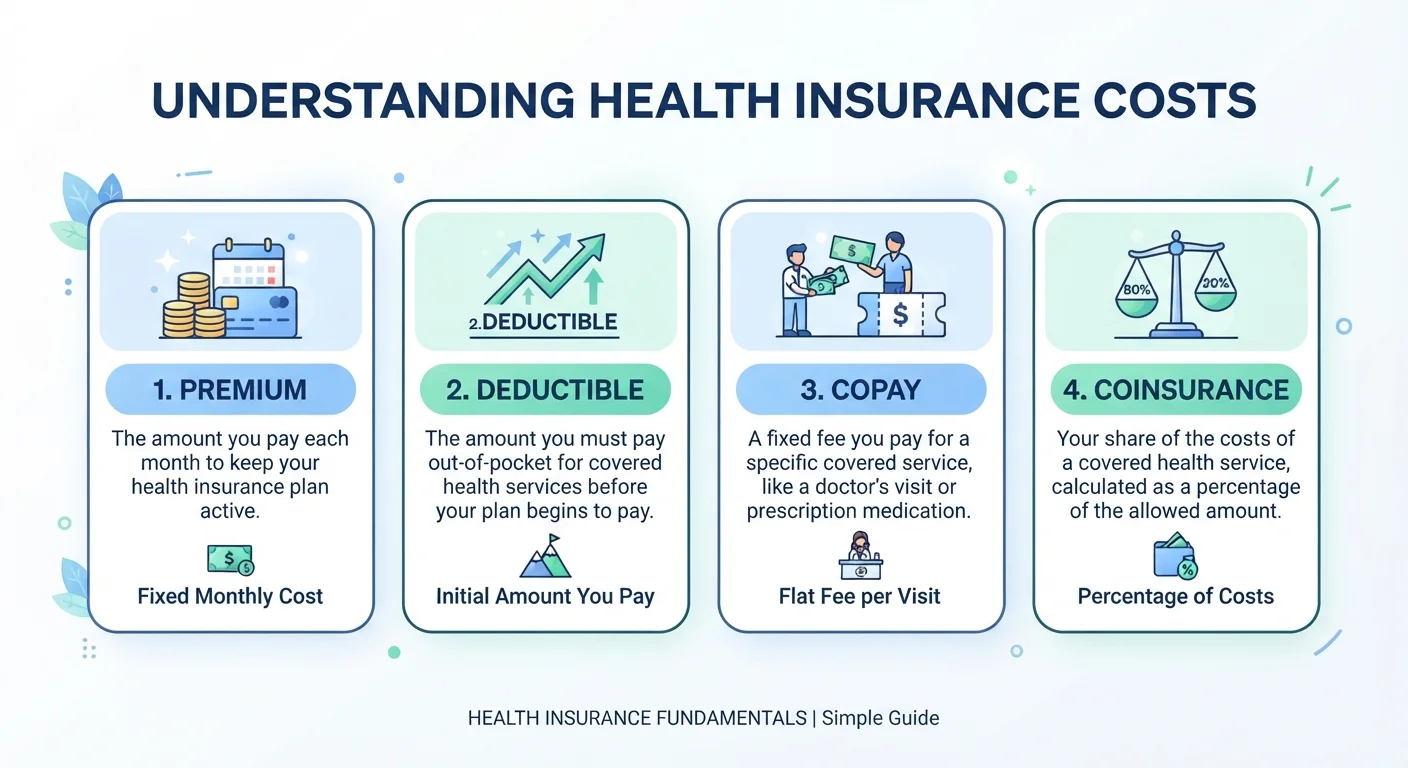 Flat design illustration showing the four health insurance cost-sharing terms: premium, deductible, copay, and coinsurance