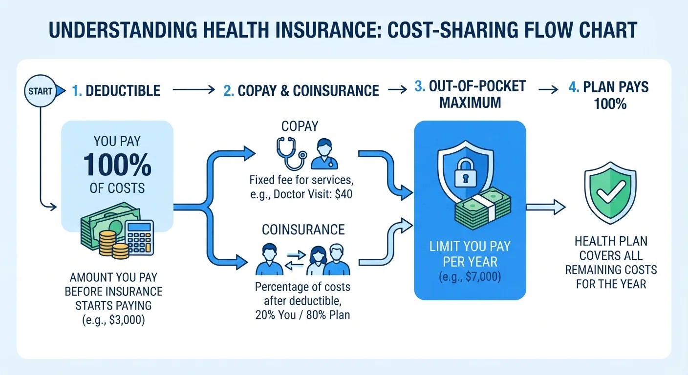 Infographic showing how deductible, copay, coinsurance, and out-of-pocket maximum work together