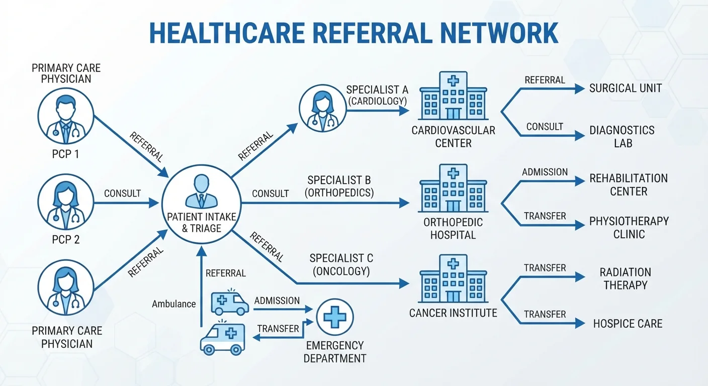 Diagram showing provider network connections and referral pathways between doctors and hospitals in a health plan