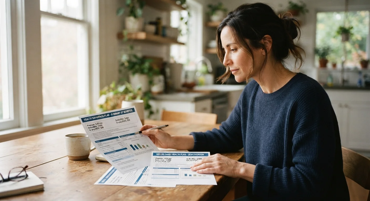 Person comparing two health insurance plan documents side by side at a kitchen table.