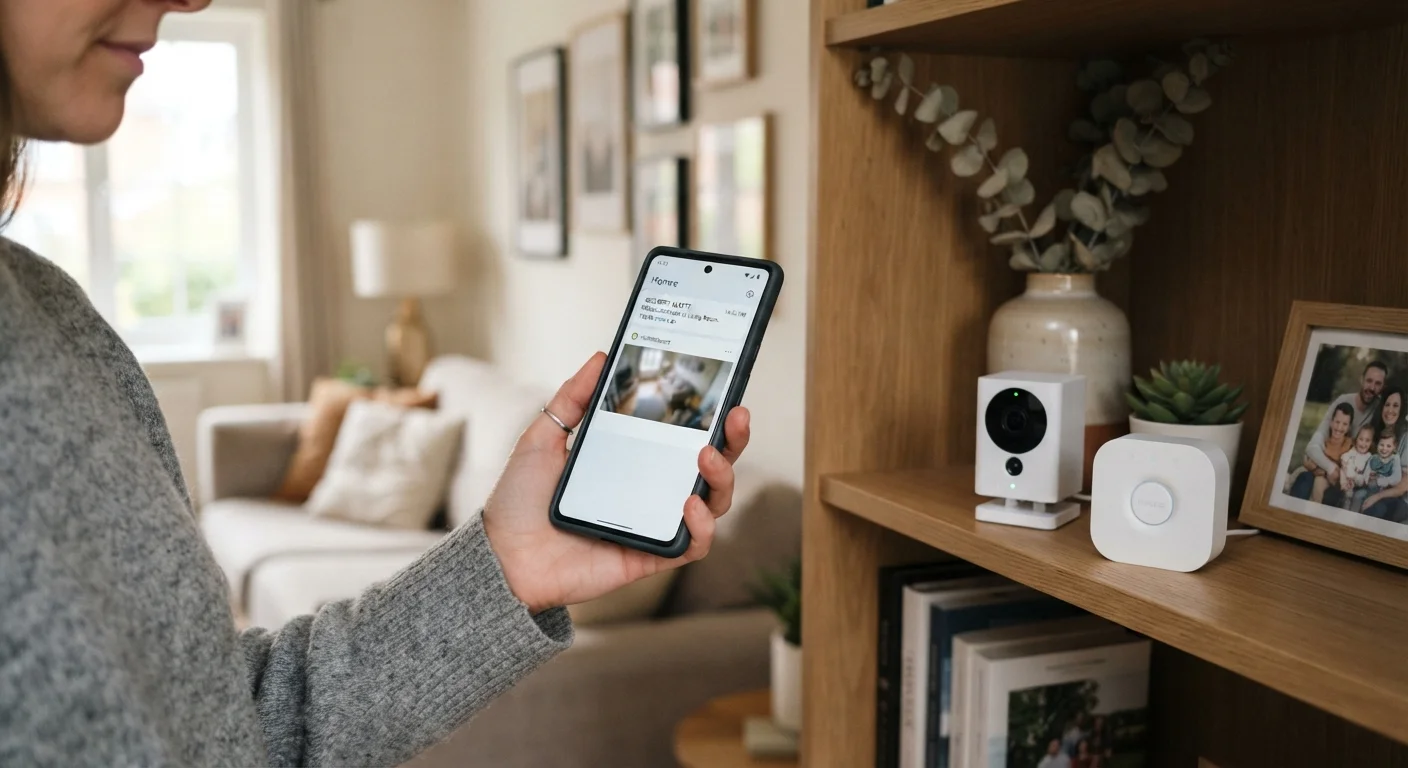 A smartphone showing a home security alert notification next to a motion sensor on a shelf.