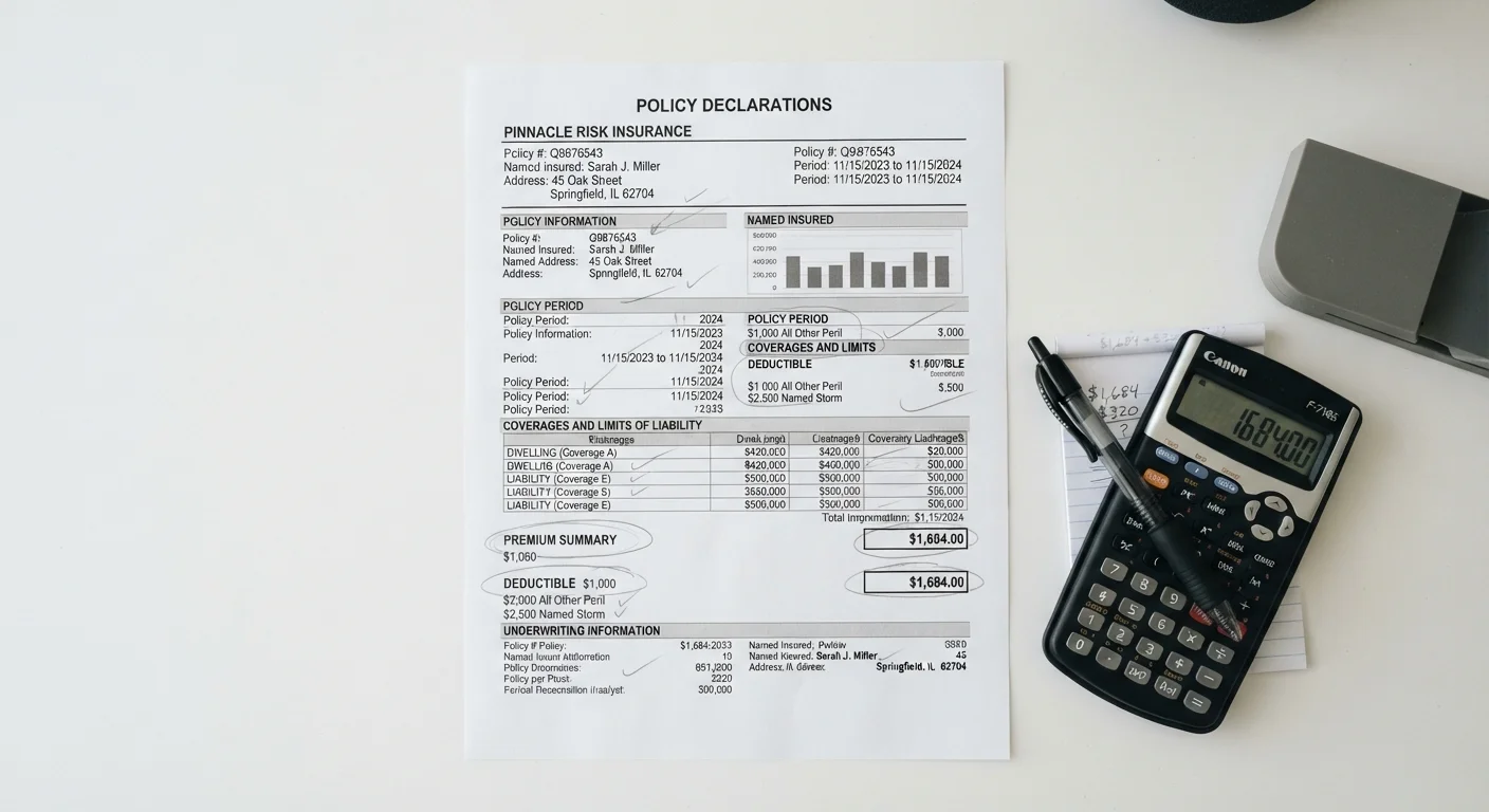 Close-up of a homeowners insurance declarations page with key sections marked for review