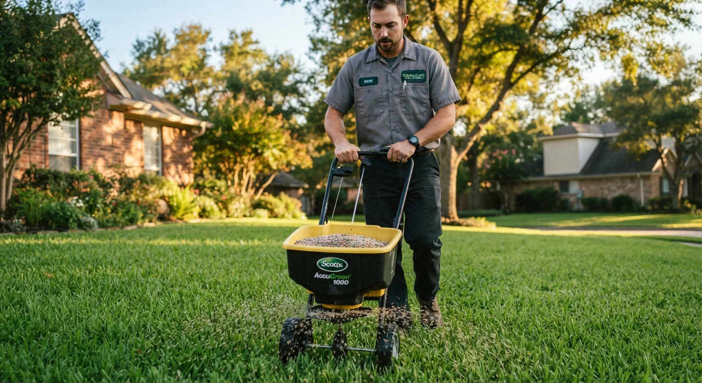 Lawn care technician pushing a spreader to apply granular fertilizer across a green residential lawn