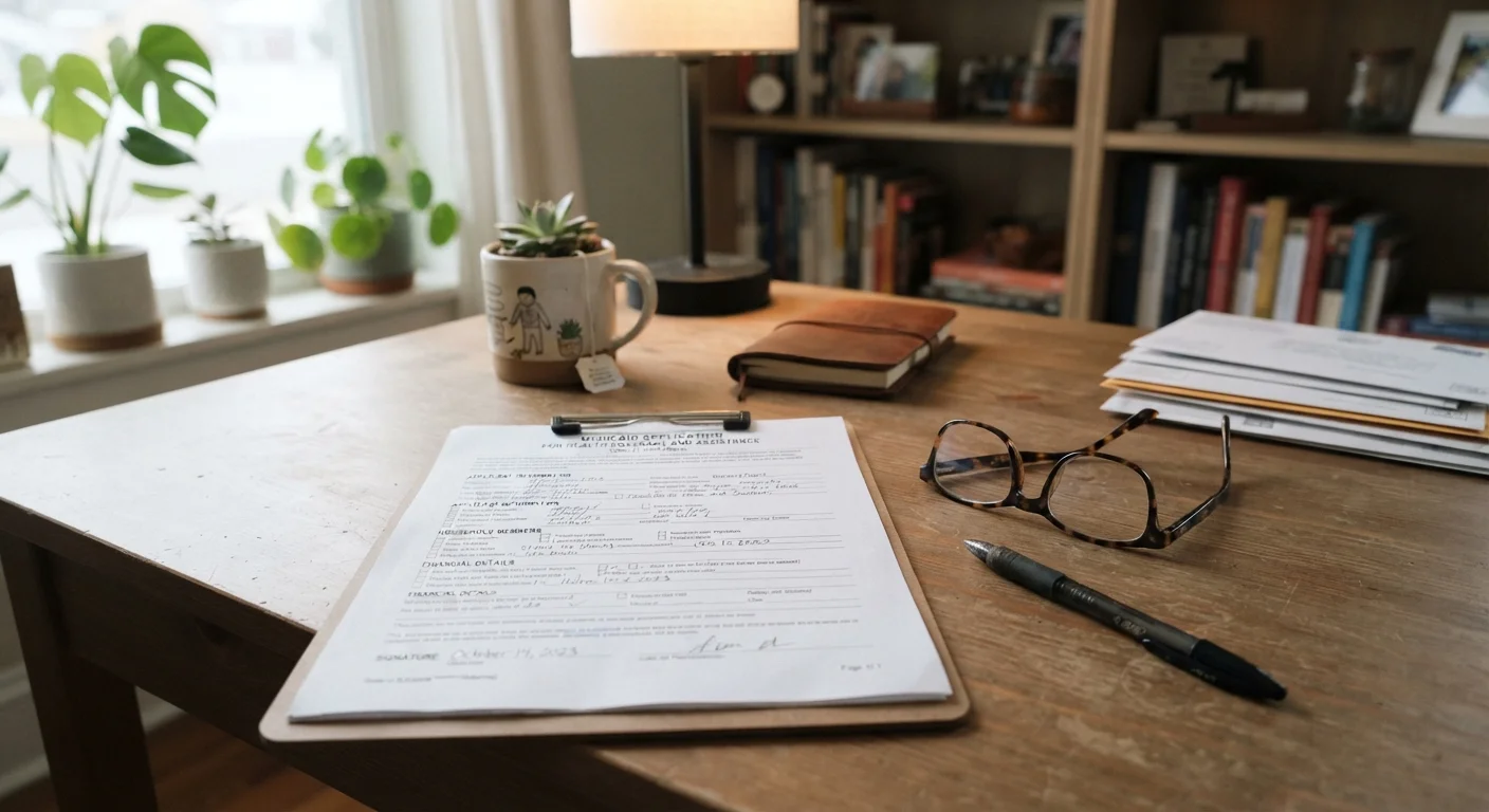 A Medicaid application form on a desk alongside reading glasses and a pen