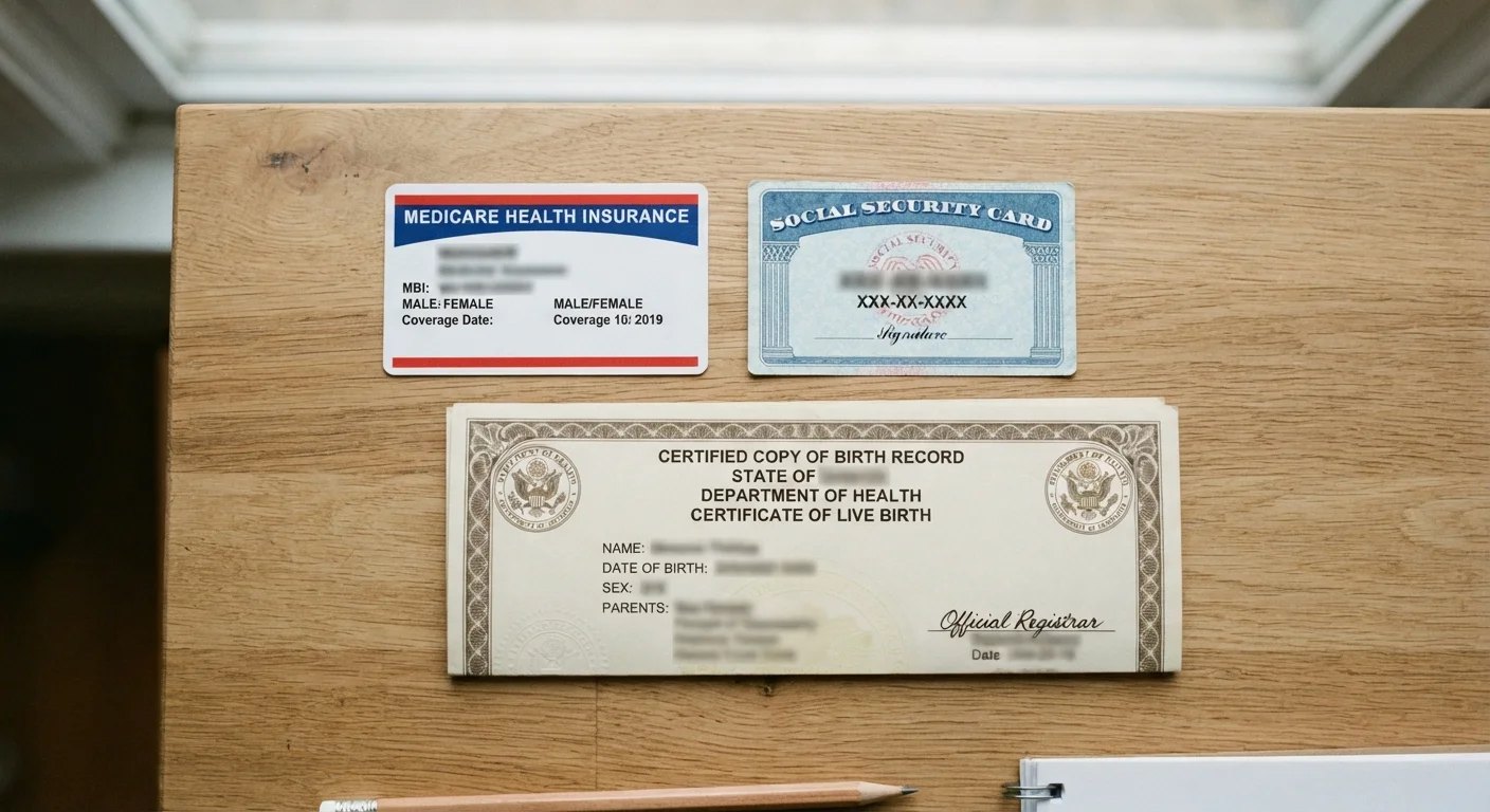Medicare card, Social Security card, and birth certificate arranged on a desk for enrollment preparation.