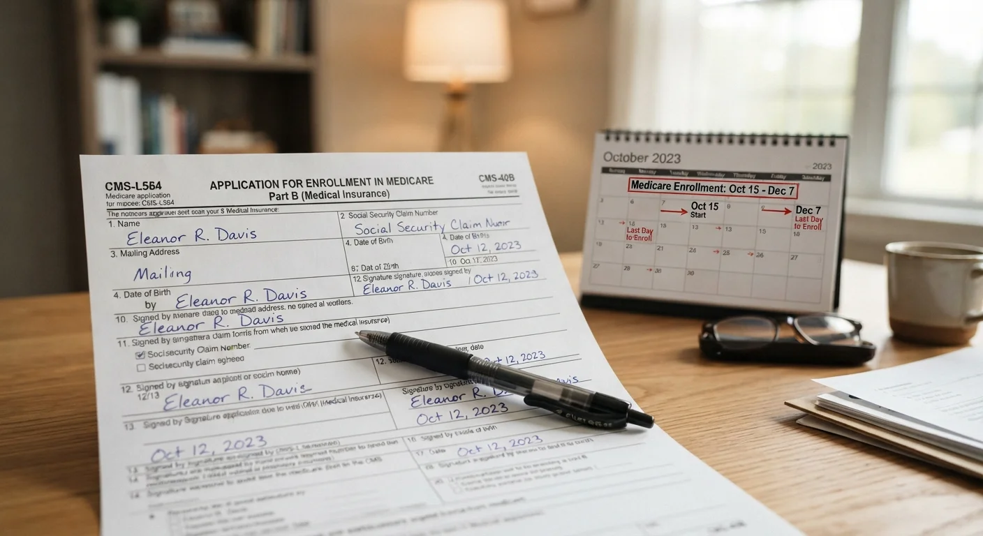 Medicare enrollment form and pen on a desk beside a calendar showing important deadline dates