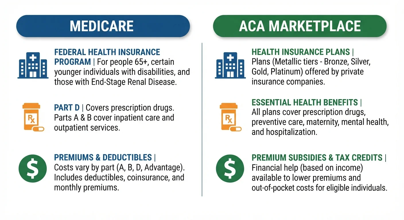 Side-by-side infographic comparing Medicare and ACA Marketplace coverage categories including hospital, drug, and cost