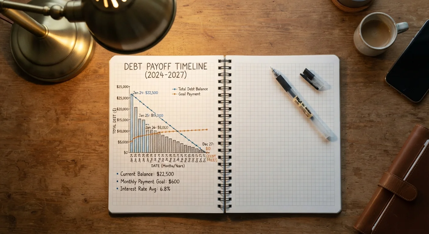 A hand-drawn debt payoff timeline graph in a notebook, showing extended repayment duration
