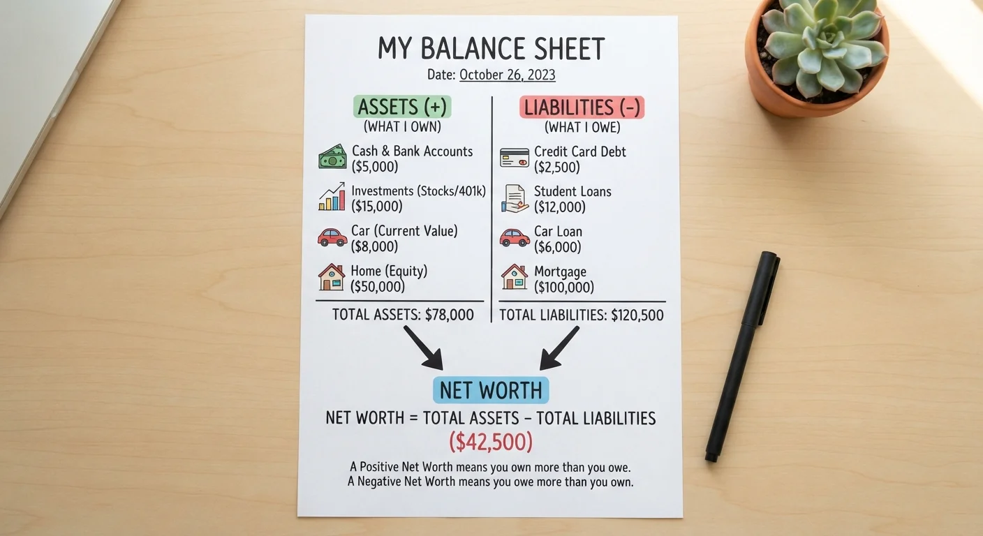 Hand-drawn balance sheet diagram showing assets minus liabilities equals net worth