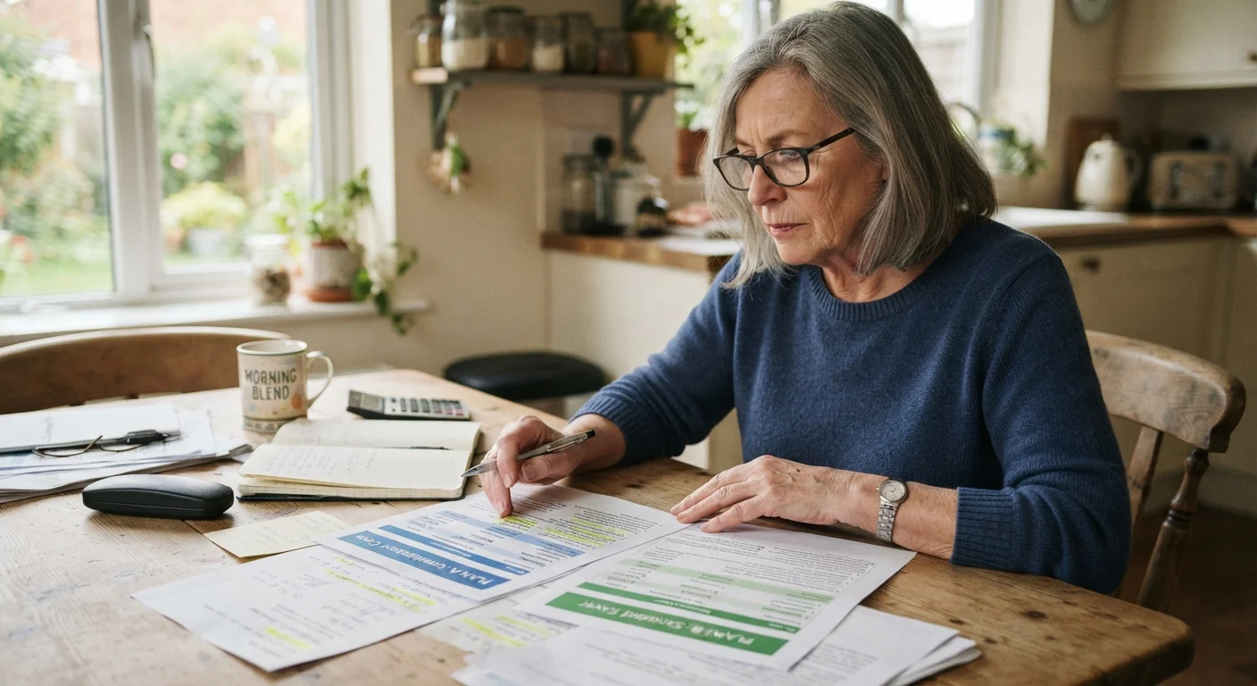 A person at a kitchen table comparing two health insurance plan summary documents side by side