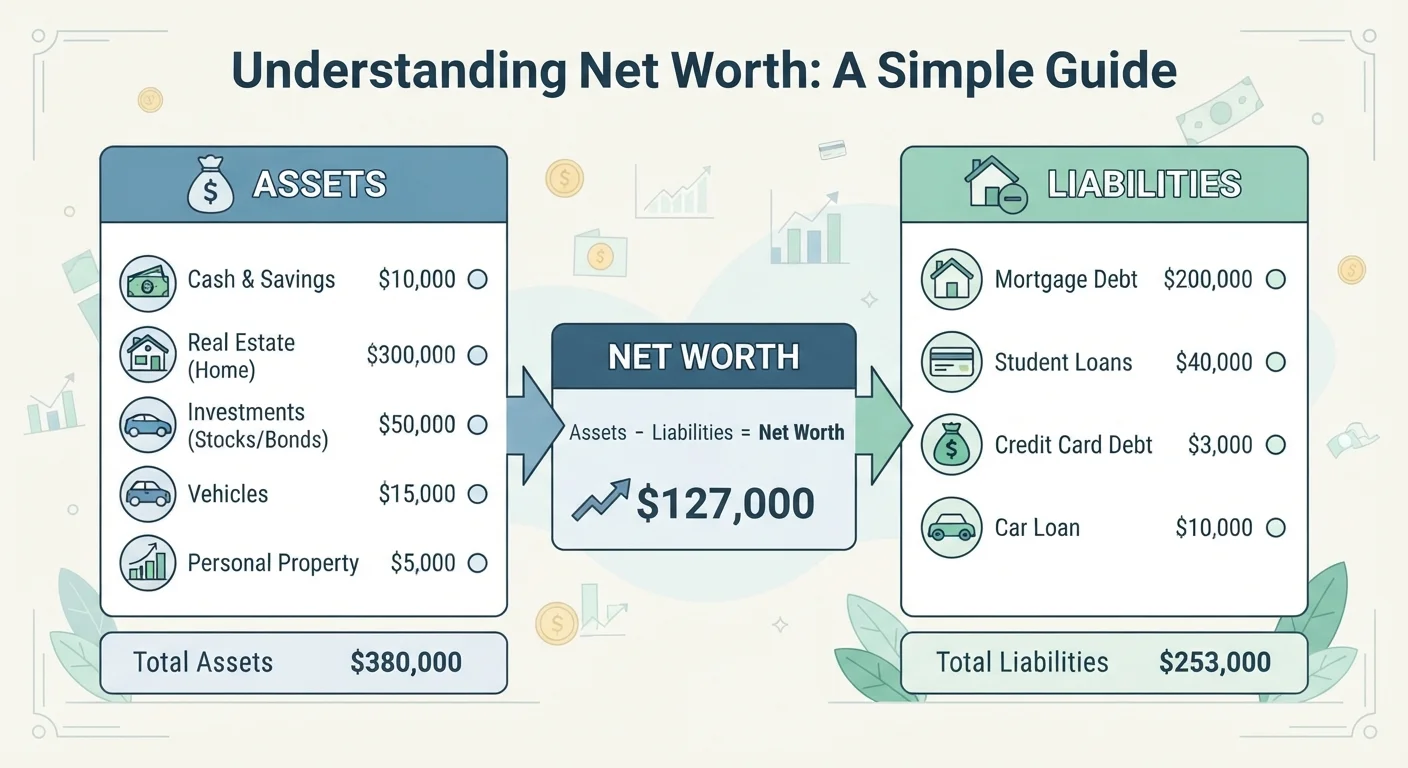 Diagram showing assets minus liabilities equals net worth in a clean flat illustration style