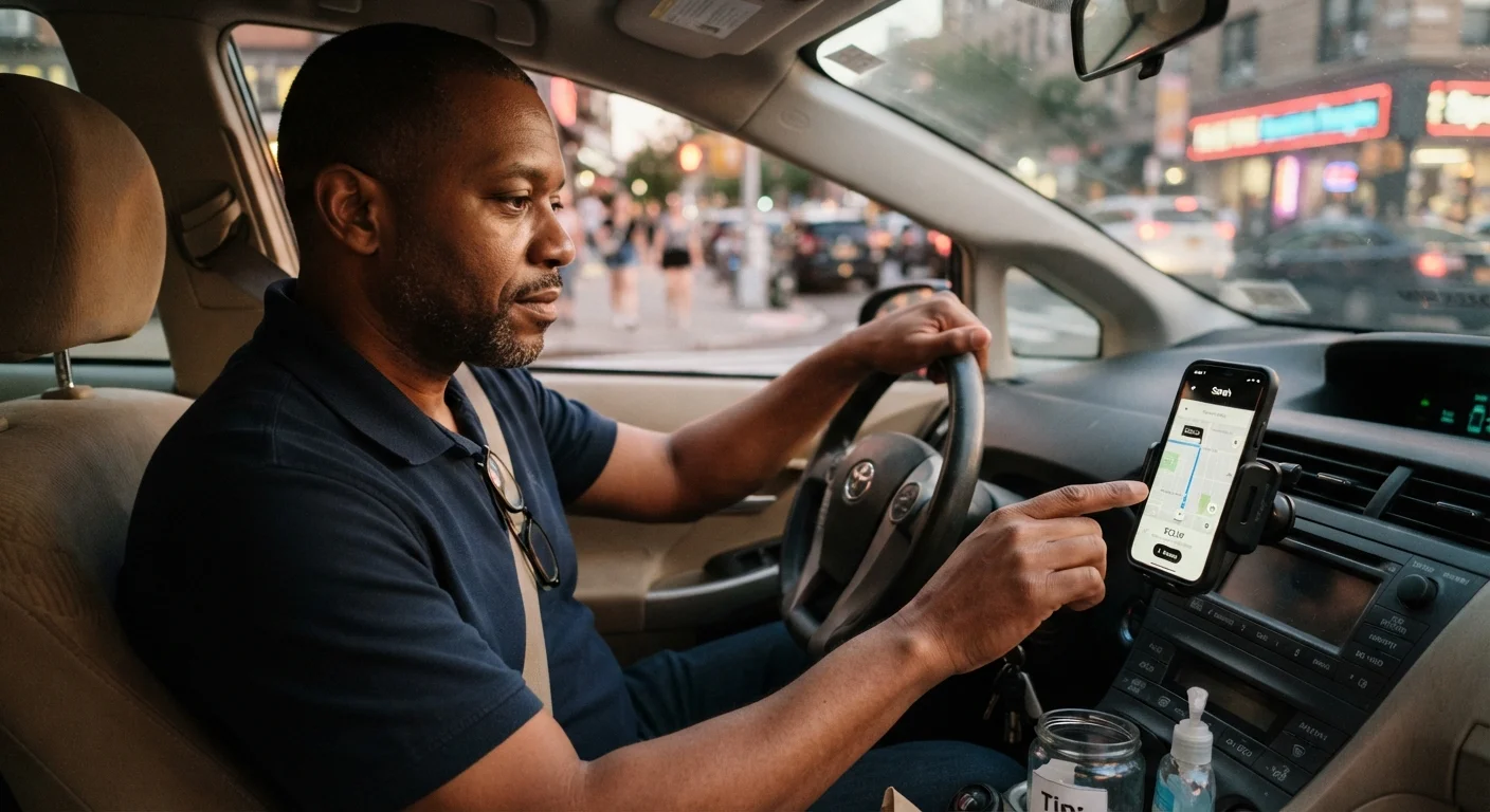 A rideshare driver checking a smartphone app mounted on the car dashboard while seated
