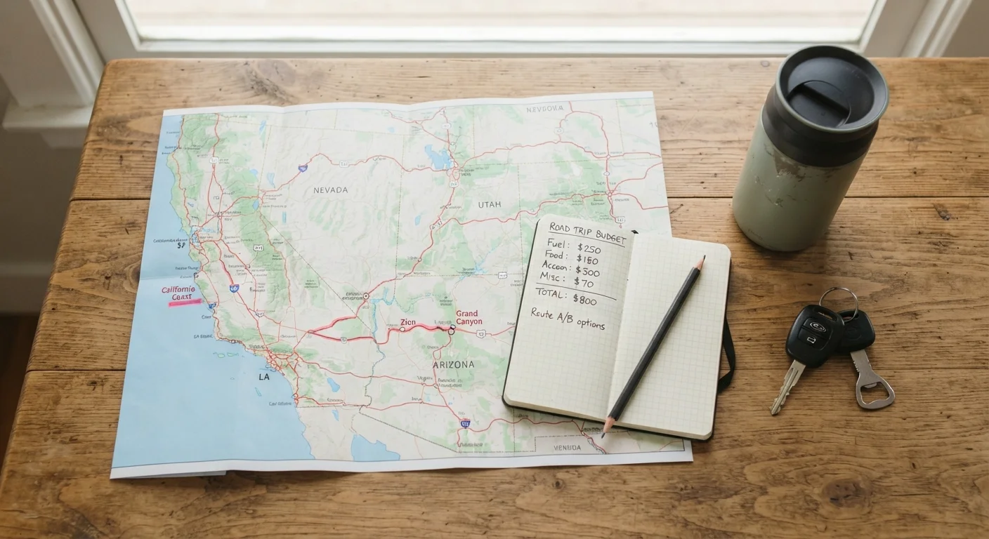 Road trip planning flat-lay with paper map, handwritten budget notebook, car keys, and coffee cup