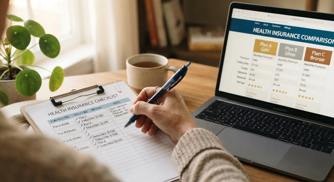 Hand writing on a health insurance checklist next to a laptop showing plan comparison information