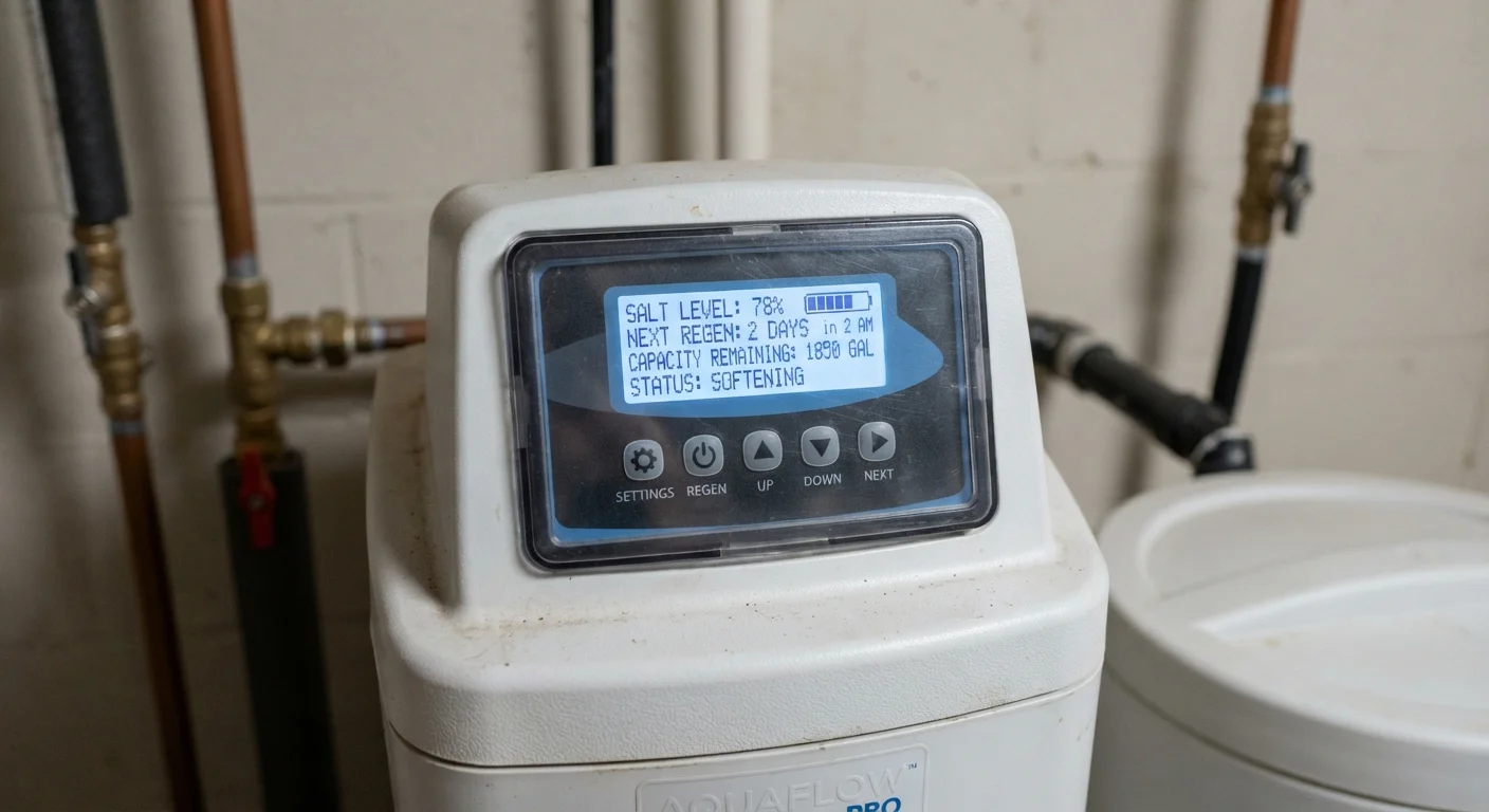 Close-up of a digital water softener control panel showing salt level and regeneration schedule