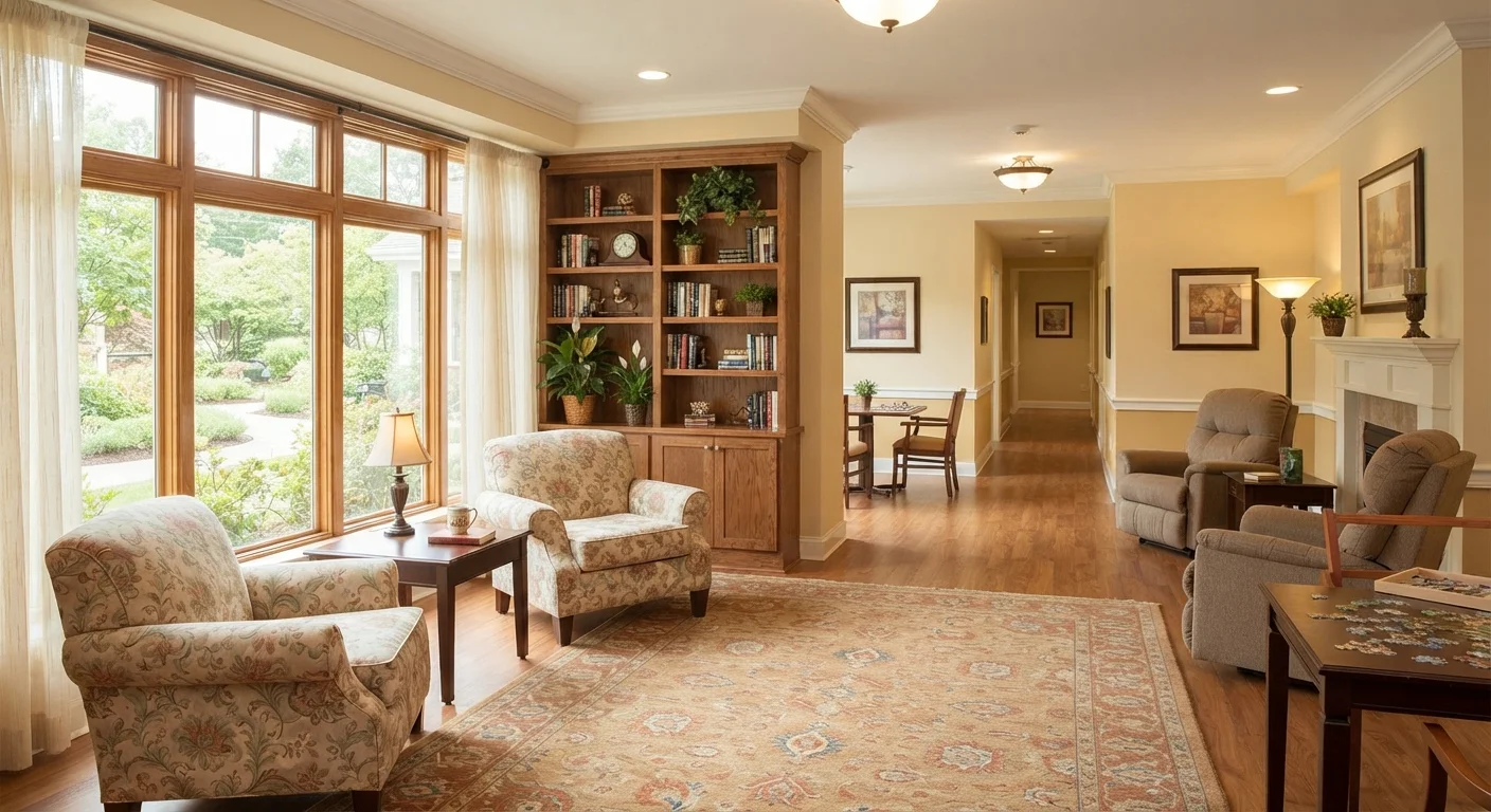 A bright, comfortable common room in a senior assisted living facility with armchairs and large windows