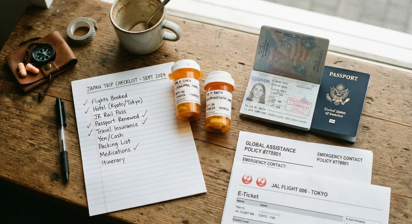 Travel checklist, medication bottles, passport, and insurance documents arranged on a wooden table