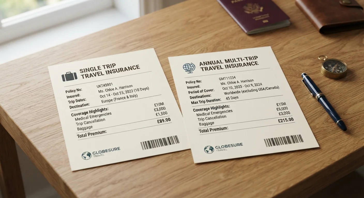 Two travel insurance policy documents placed side by side on a wooden desk for comparison.