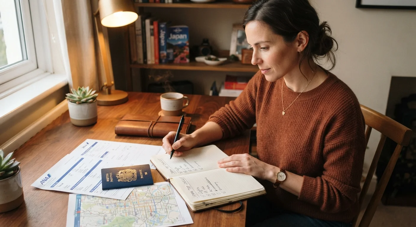Person reviewing travel documents and a printed checklist at a home desk before a trip