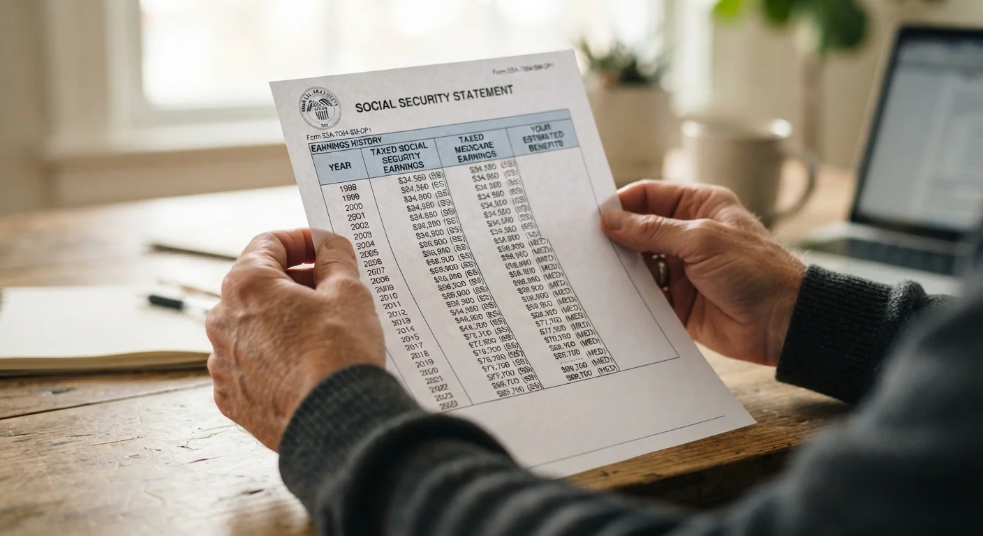 Hands holding a printed Social Security earnings statement with columns of annual income figures
