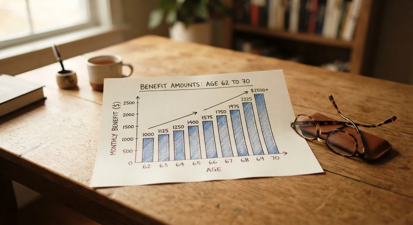 A bar chart on paper illustrating how Social Security monthly benefits increase from age 62 to 70