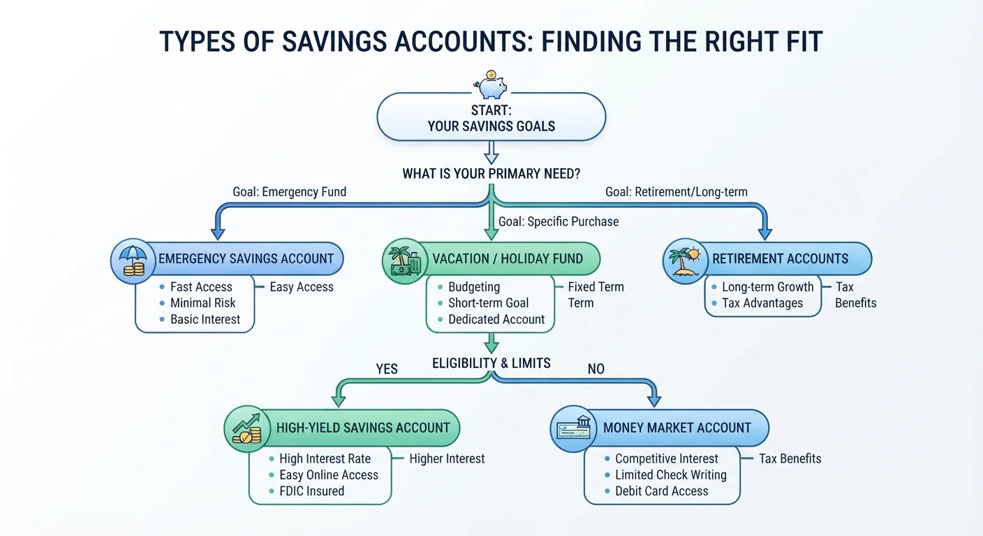 Flowchart diagram showing branching paths between different types of tax-advantaged savings accounts