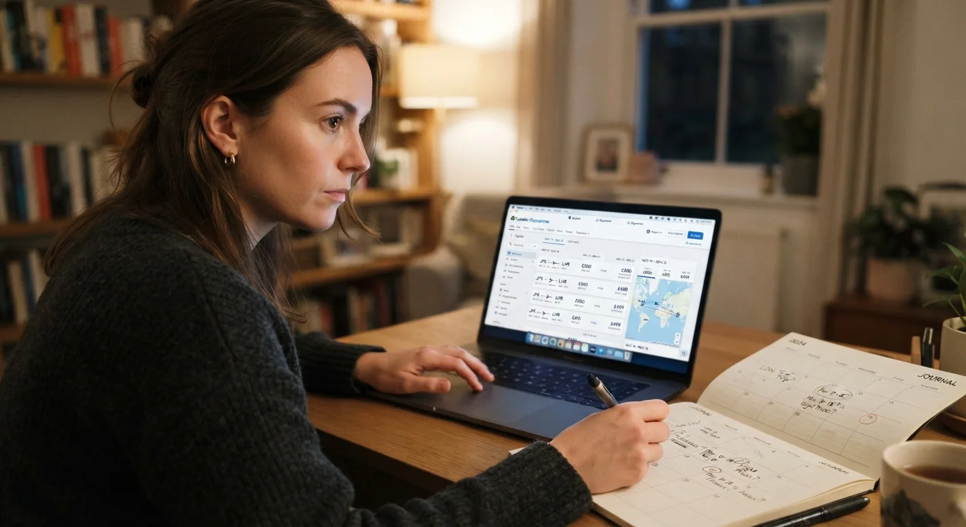 Person comparing flight prices on a laptop next to an open calendar for travel planning