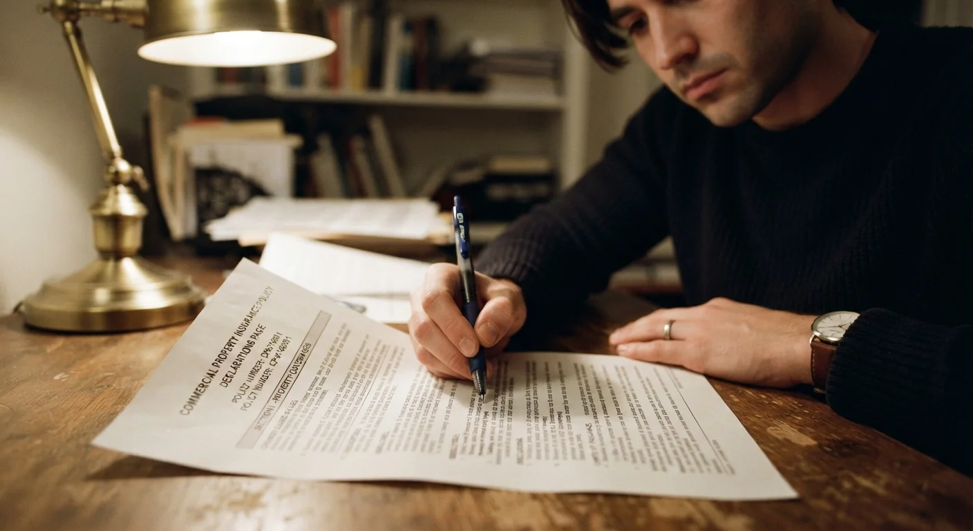 Person carefully reading a printed travel insurance policy document with a pen in hand