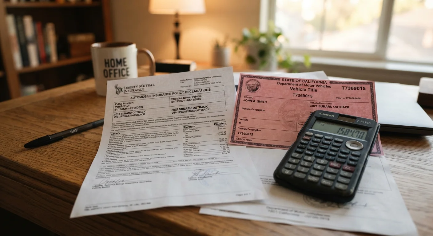 An auto insurance policy document, a calculator, and a vehicle title resting on a wooden desk