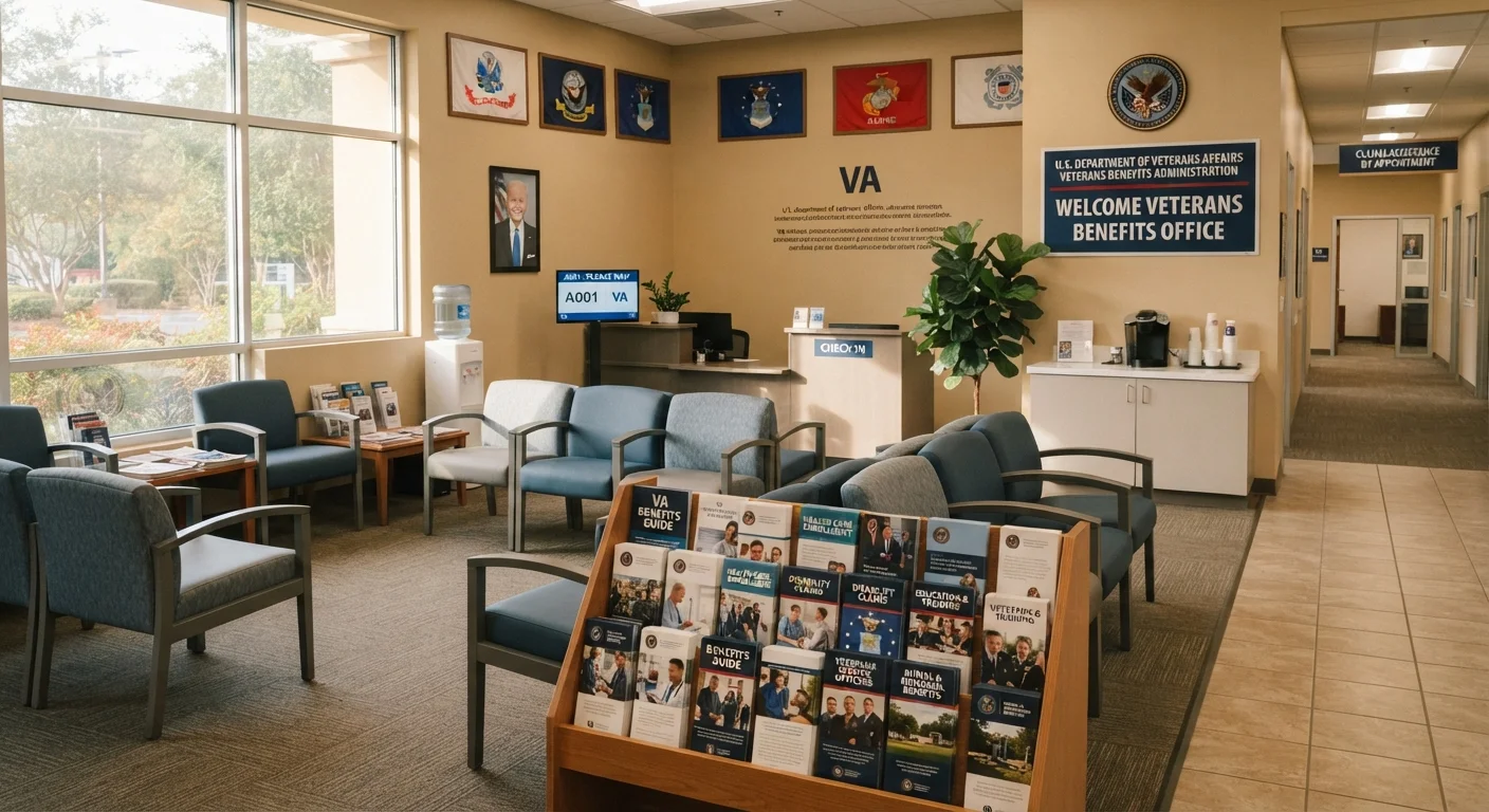 A clean, welcoming VA benefits office waiting area with chairs and informational brochures