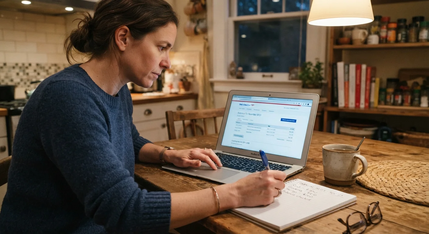 Person reviewing travel-related bank charges on a laptop with a notepad open beside them