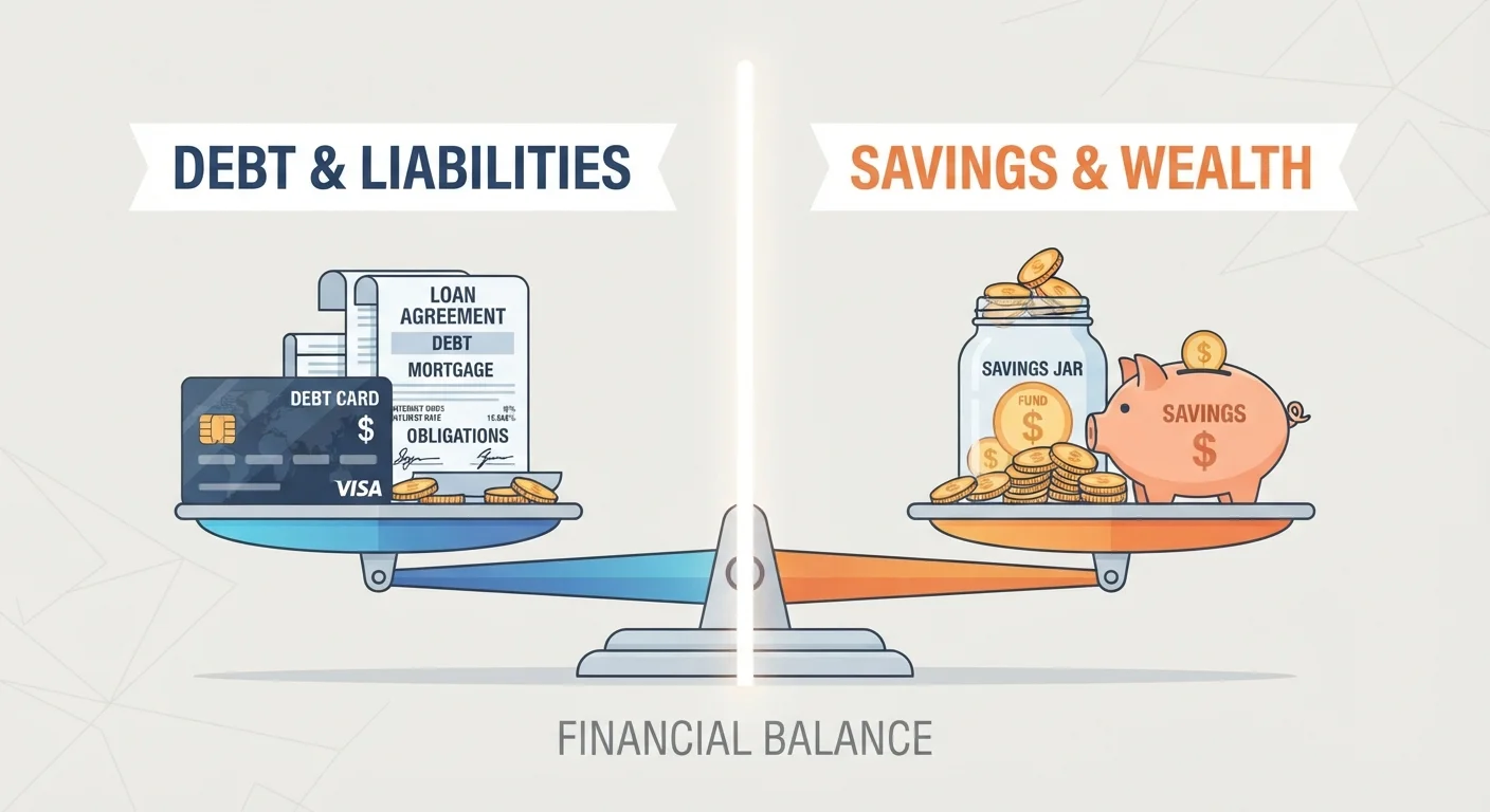 A balance scale with credit and loan documents on one side and a savings jar on the other side